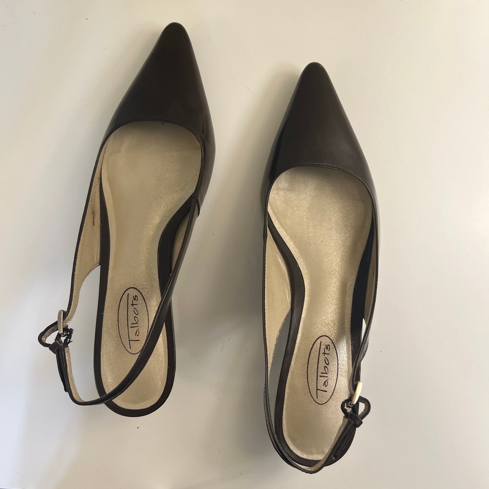Talbots Womens Brown Leather Pointed Toe Slingback Kitten Heels Size 7B Brazil